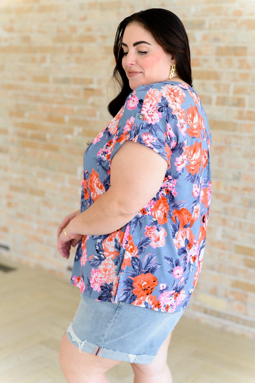 Lizzy Cap Sleeve Top in Dusty Blue and Coral Roses - AS8706-01 - Love it Curvy