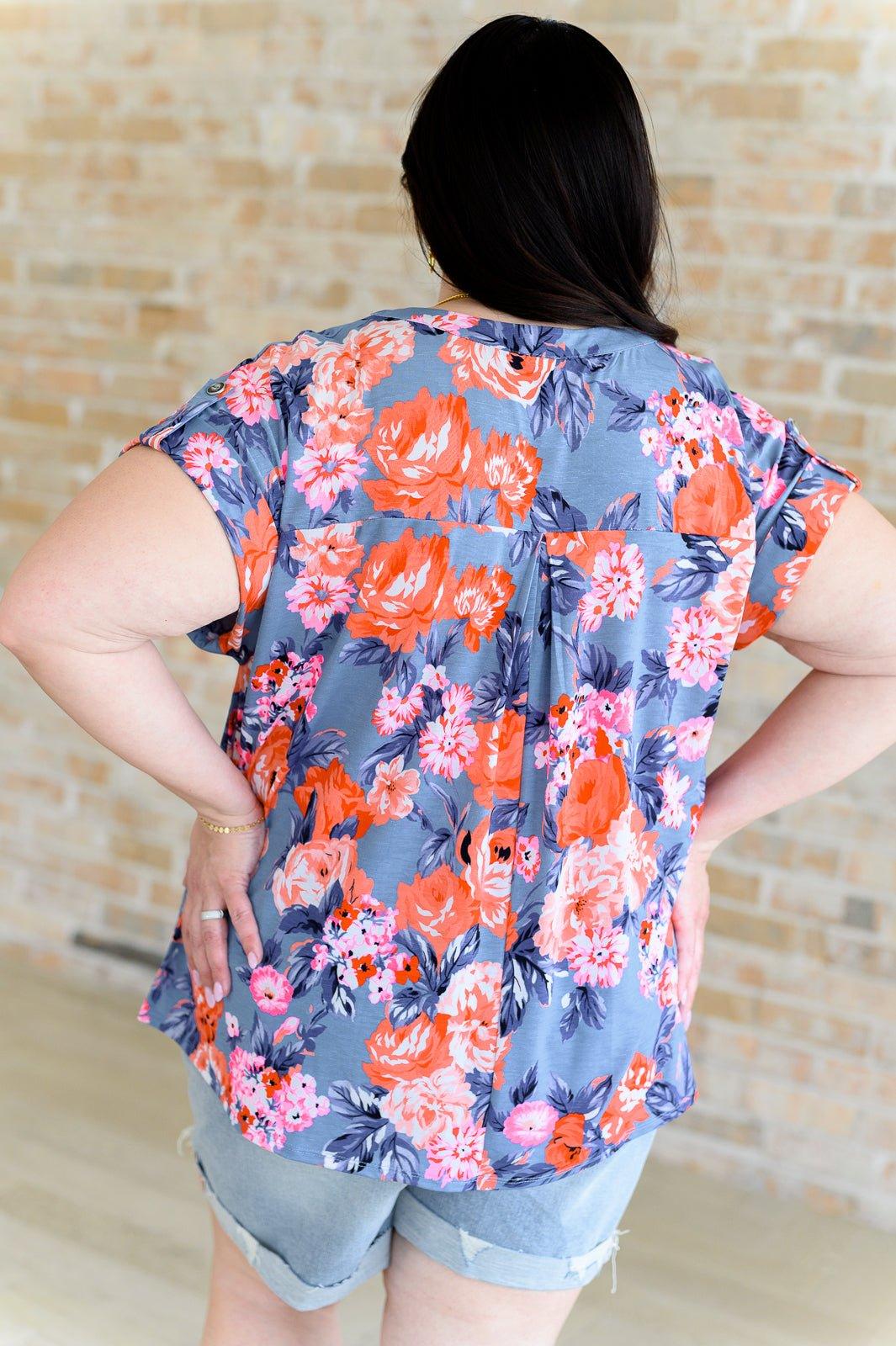 Lizzy Cap Sleeve Top in Dusty Blue and Coral Roses - AS8706-01 - Love it Curvy