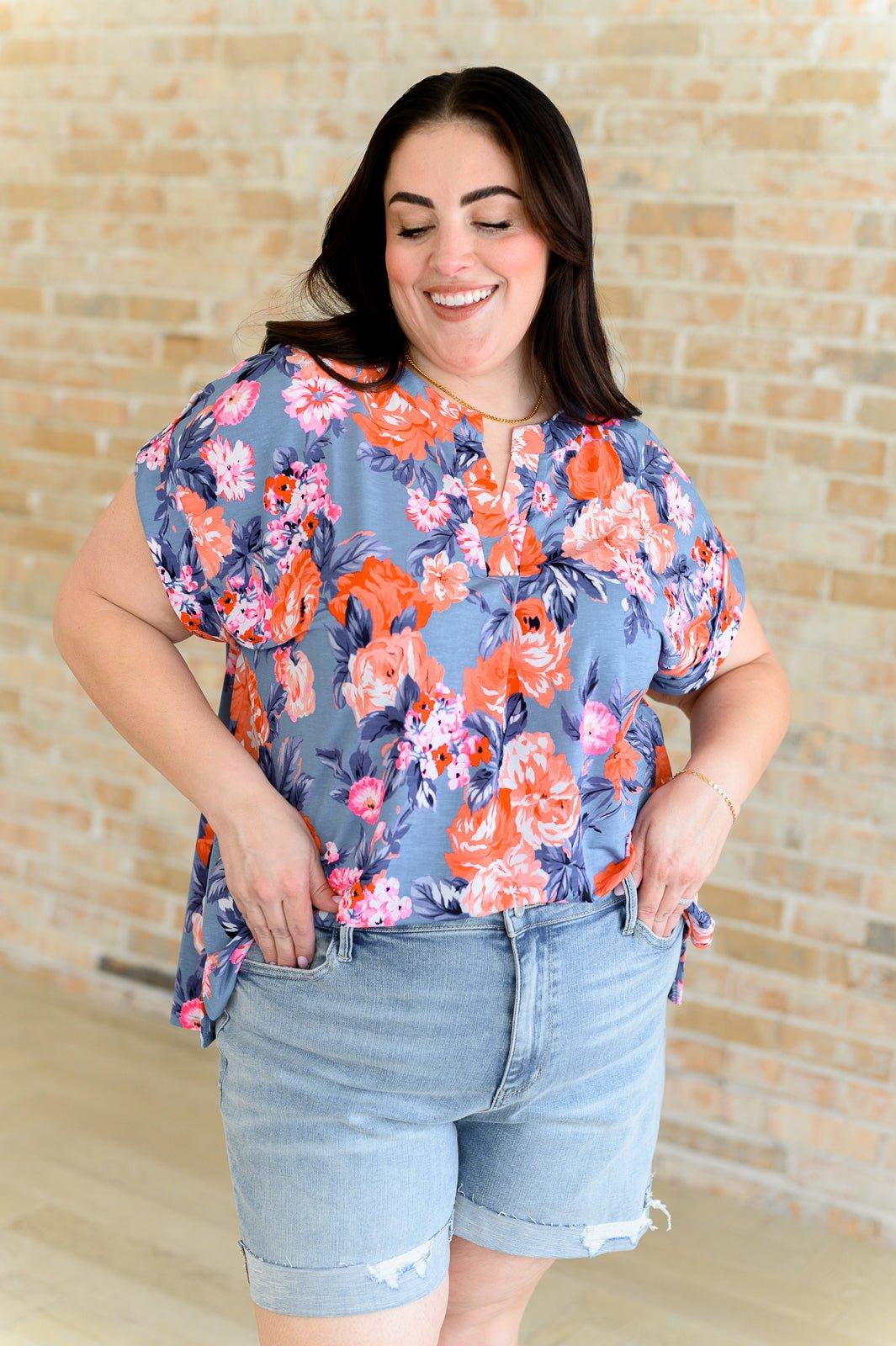 Lizzy Cap Sleeve Top in Dusty Blue and Coral Roses - AS8706-01 - Love it Curvy