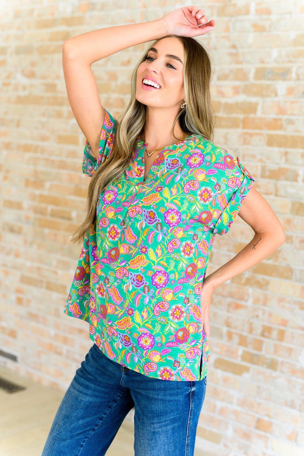 Lizzy Cap Sleeve Top in Emerald and Plum Floral Paisley - AS8707-01 - Love it Curvy