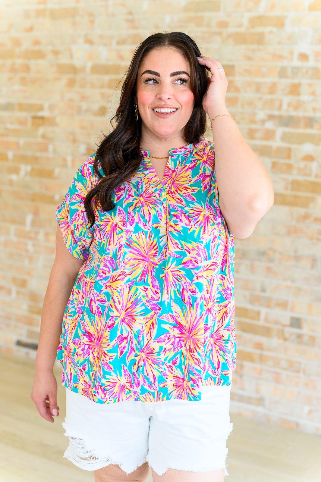 Lizzy Cap Sleeve Top in Emerald Multi Palm Trees - AS8709-01 - Love it Curvy