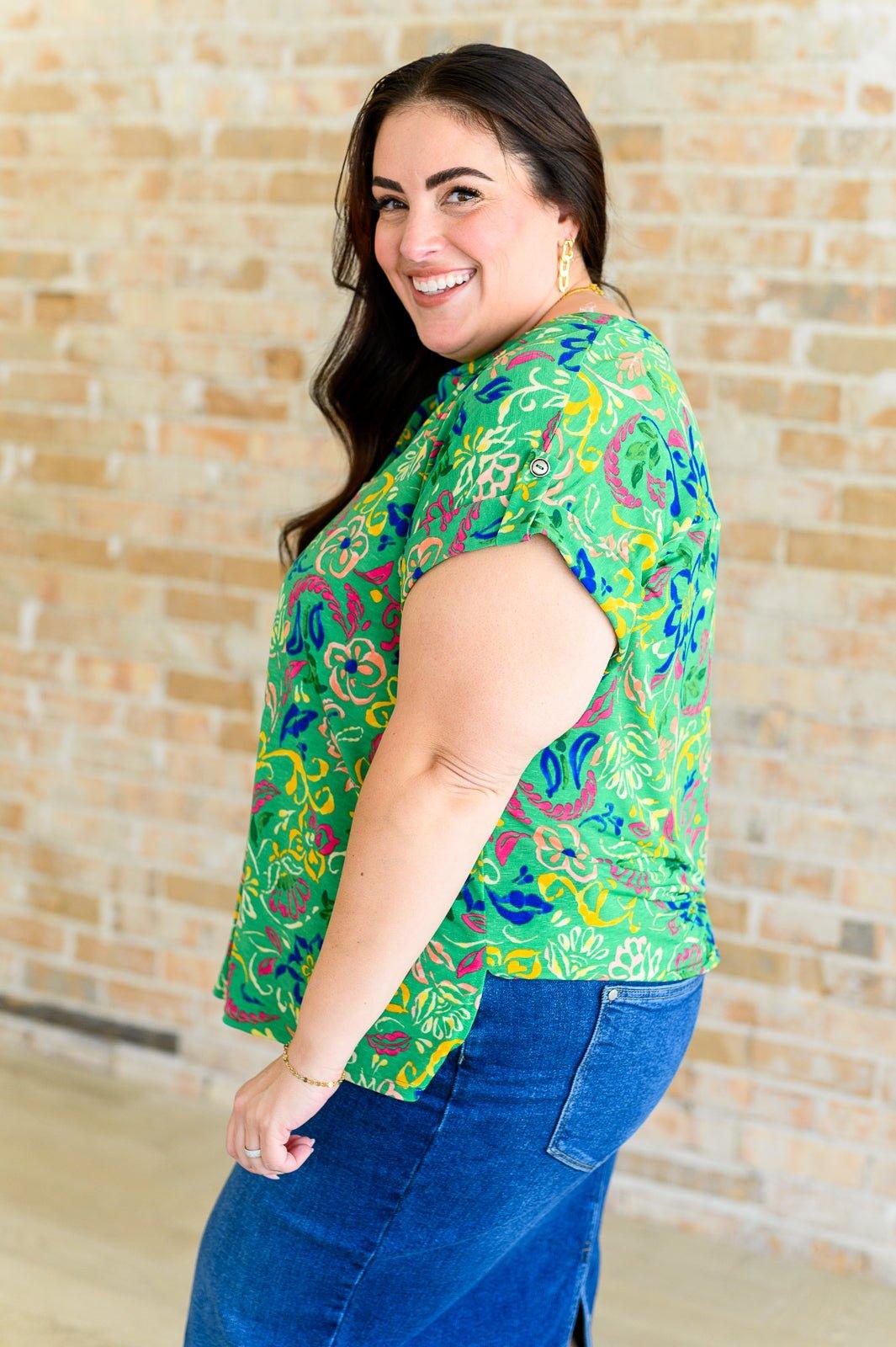 Lizzy Cap Sleeve Top in Green and Royal Watercolor Floral - AS8712-01 - Love it Curvy