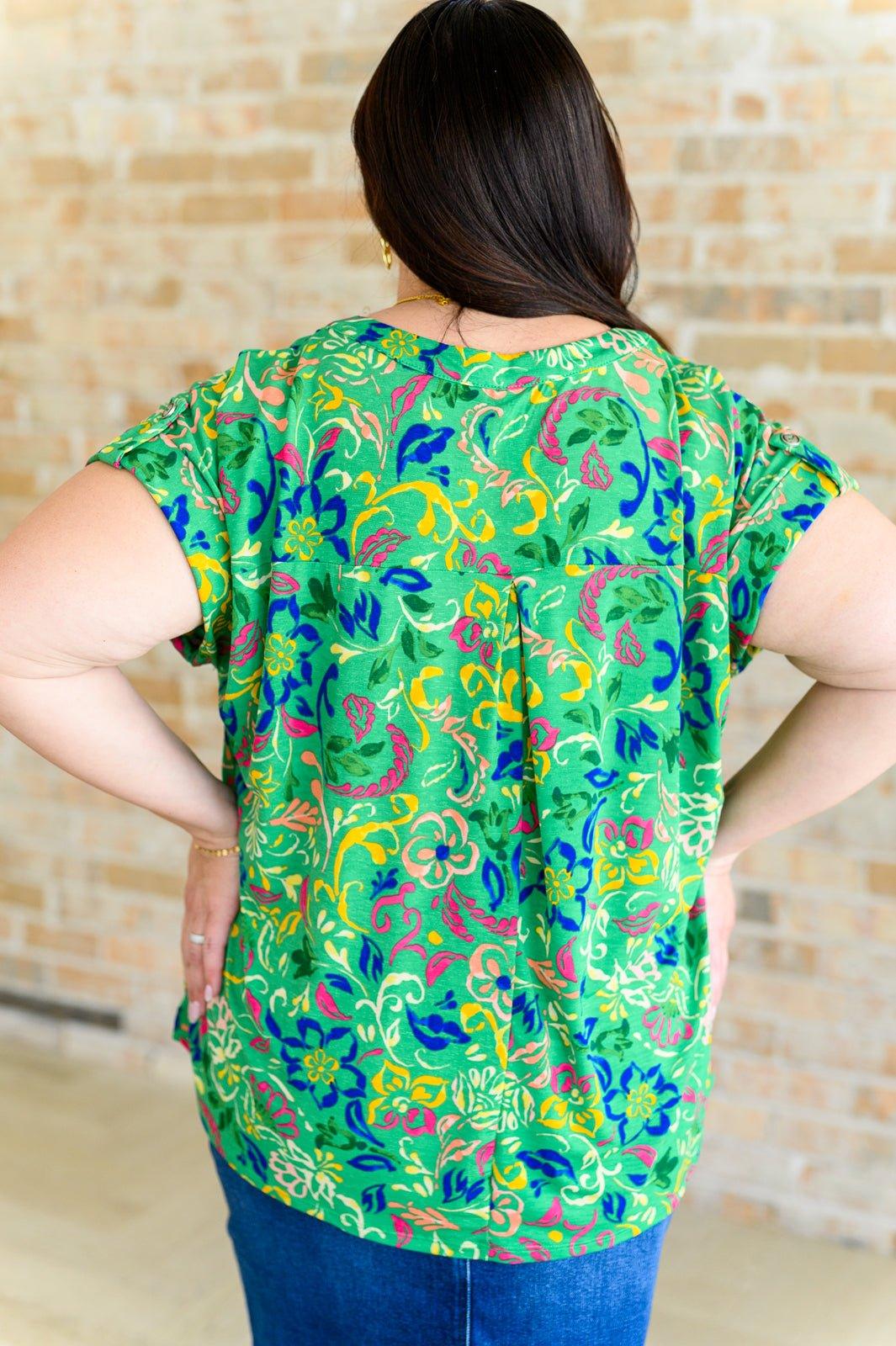 Lizzy Cap Sleeve Top in Green and Royal Watercolor Floral - AS8712-01 - Love it Curvy