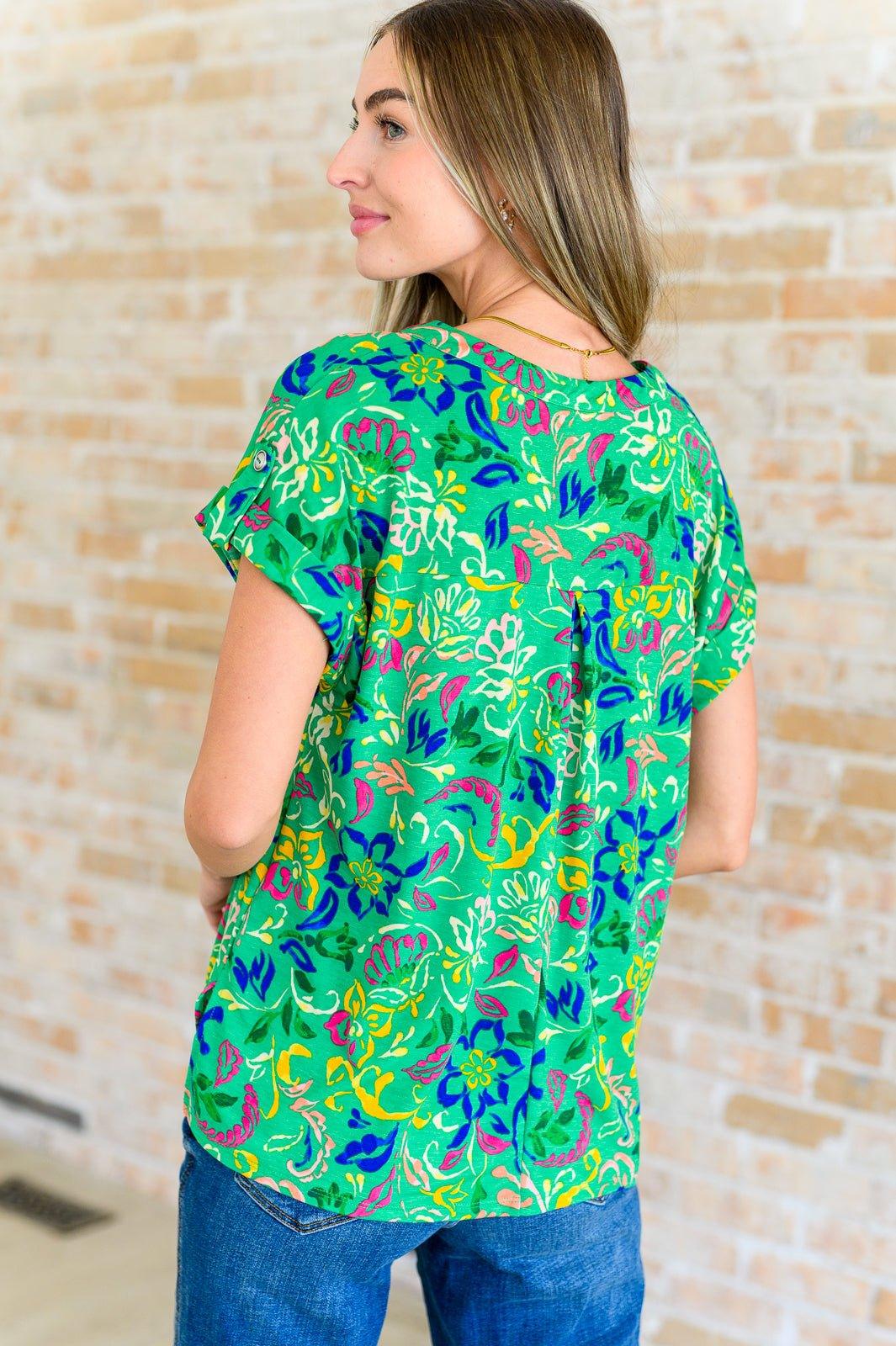 Lizzy Cap Sleeve Top in Green and Royal Watercolor Floral - AS8712-01 - Love it Curvy