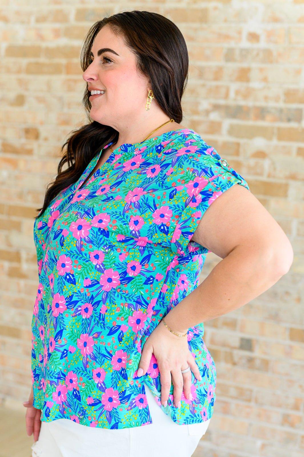 Lizzy Cap Sleeve Top in Mint and Lavender Floral - AS8713-01 - Love it Curvy