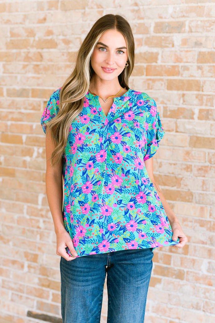 Lizzy Cap Sleeve Top in Mint and Lavender Floral - AS8713-01 - Love it Curvy