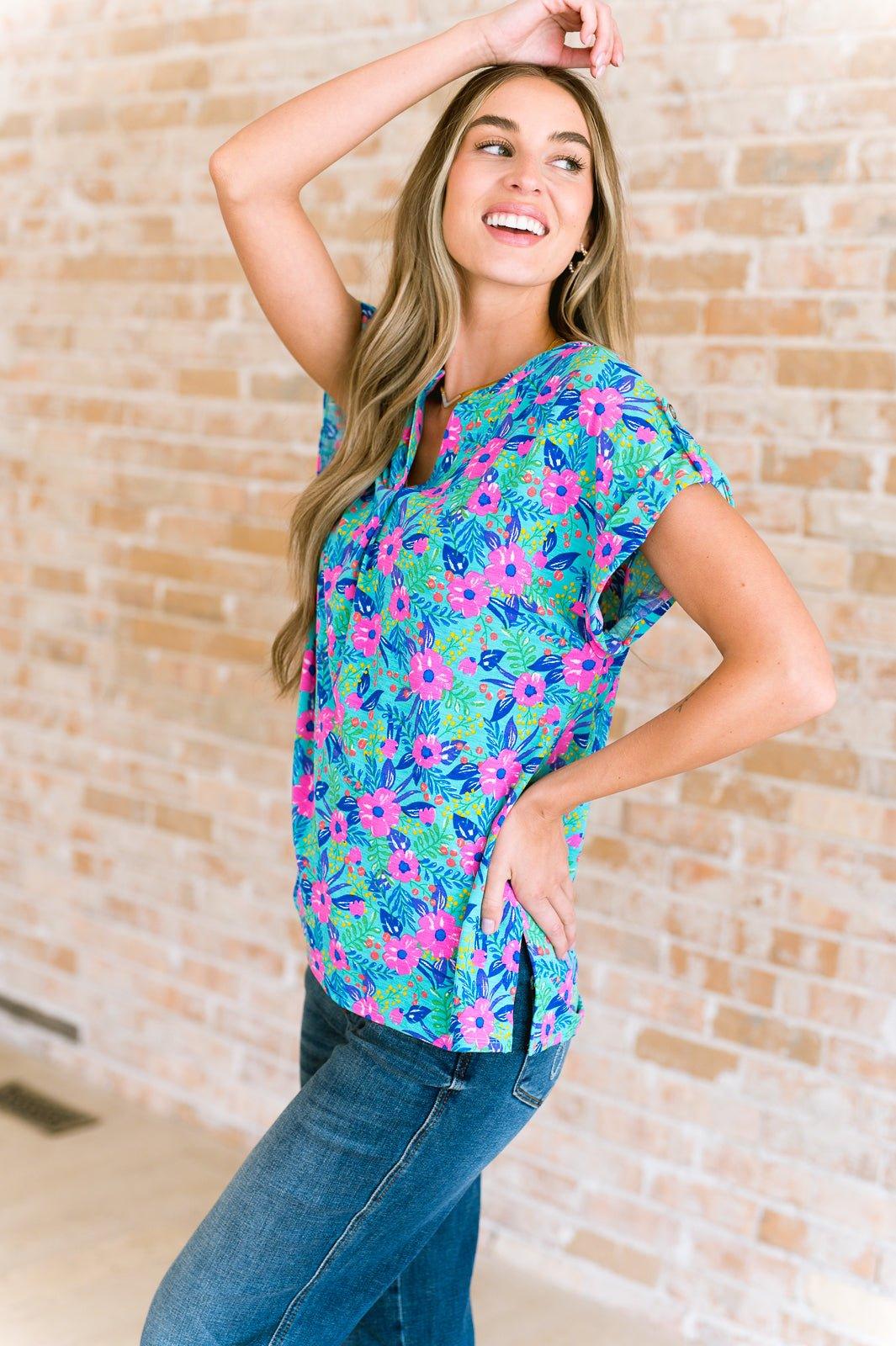 Lizzy Cap Sleeve Top in Mint and Lavender Floral - AS8713-01 - Love it Curvy