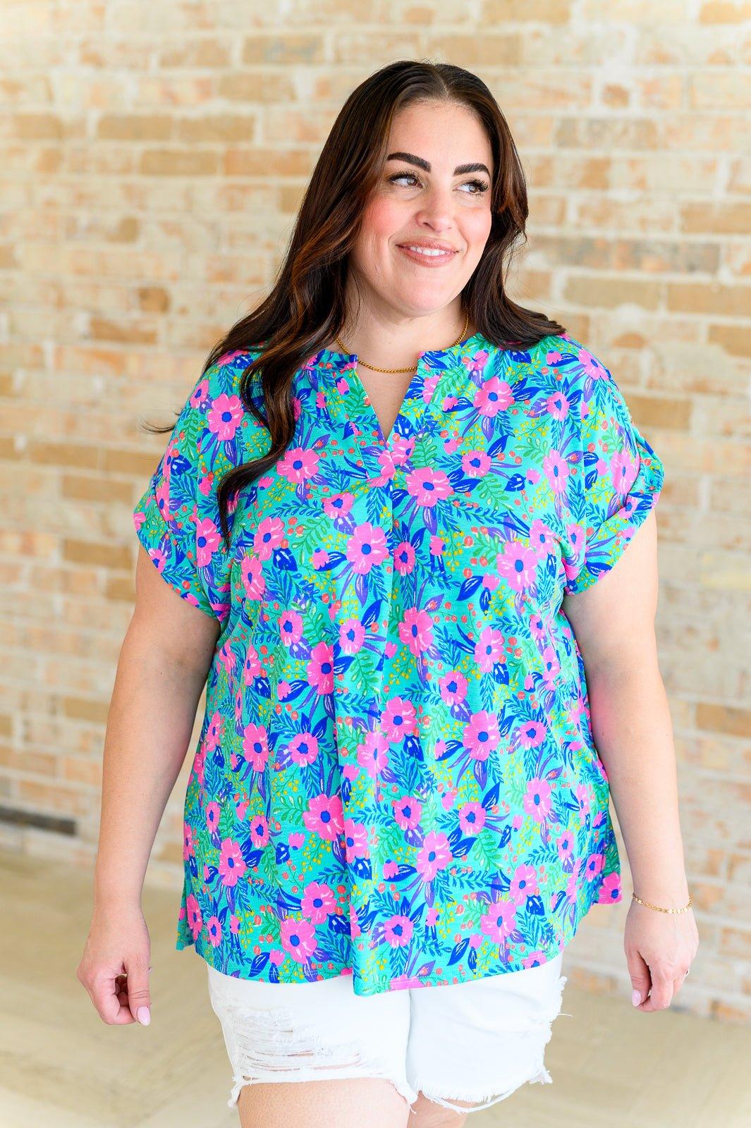 Lizzy Cap Sleeve Top in Mint and Lavender Floral - AS8713-01 - Love it Curvy