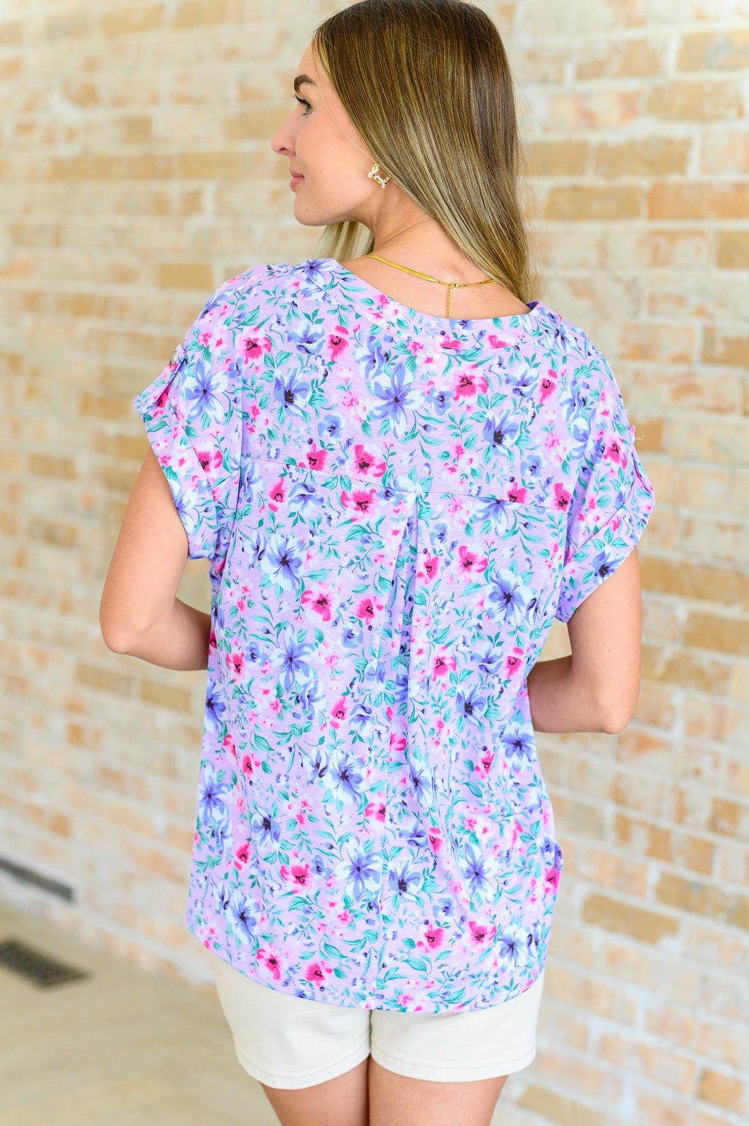 Lizzy Cap Sleeve Top in Muted Lavender and Pink Floral - AS8714-01 - Love it Curvy