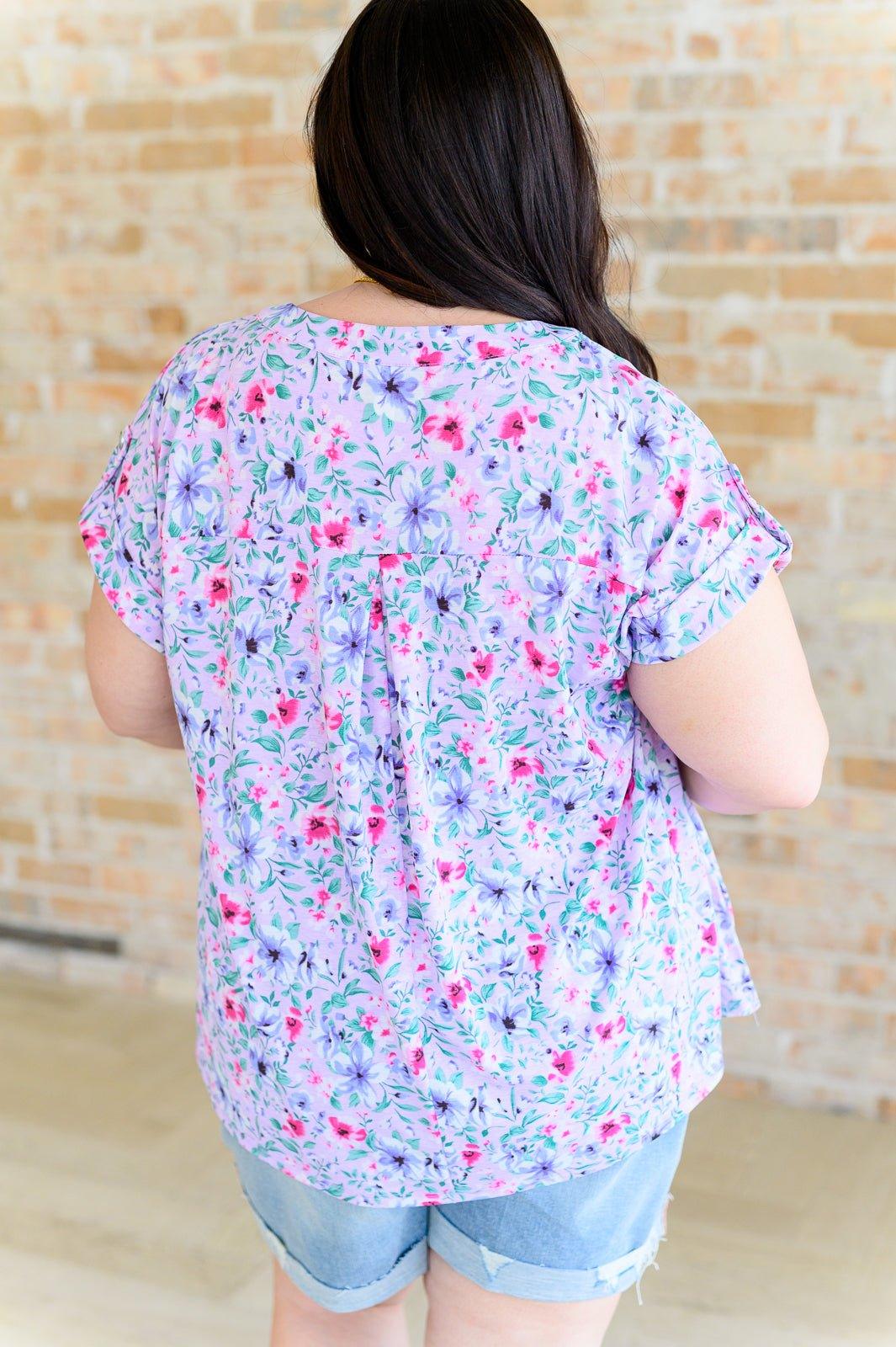 Lizzy Cap Sleeve Top in Muted Lavender and Pink Floral - AS8714-01 - Love it Curvy