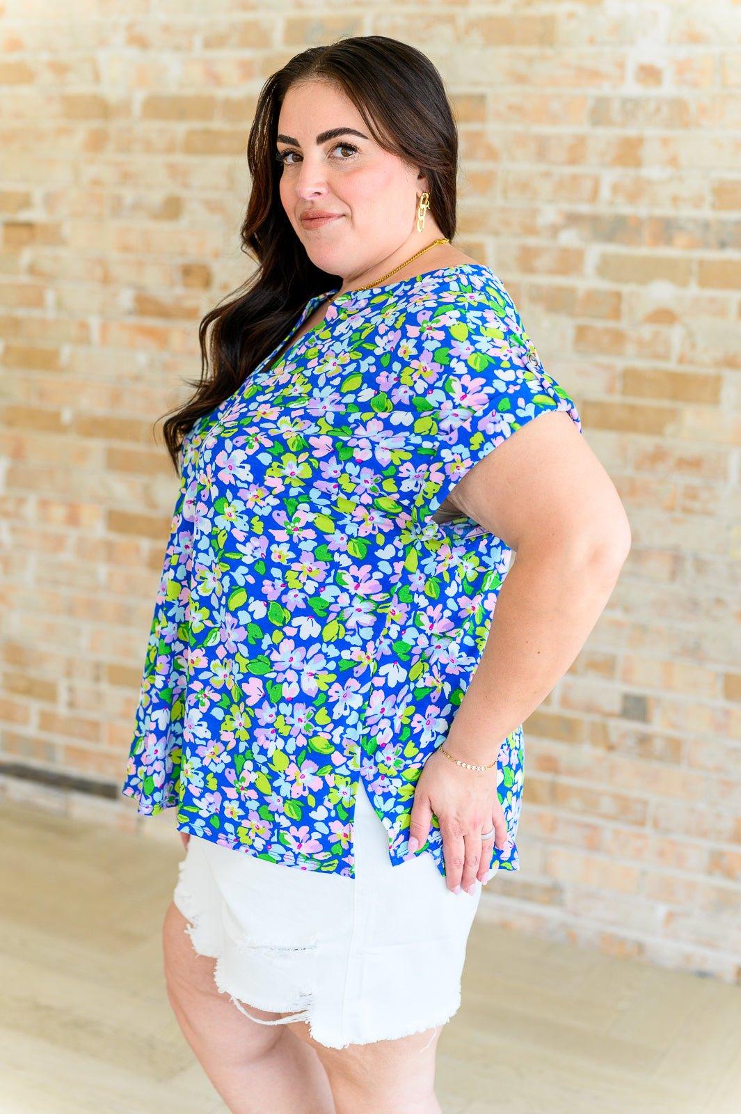 Lizzy Cap Sleeve Top in Royal and Pink Wildflower - AS8718-01 - Love it Curvy