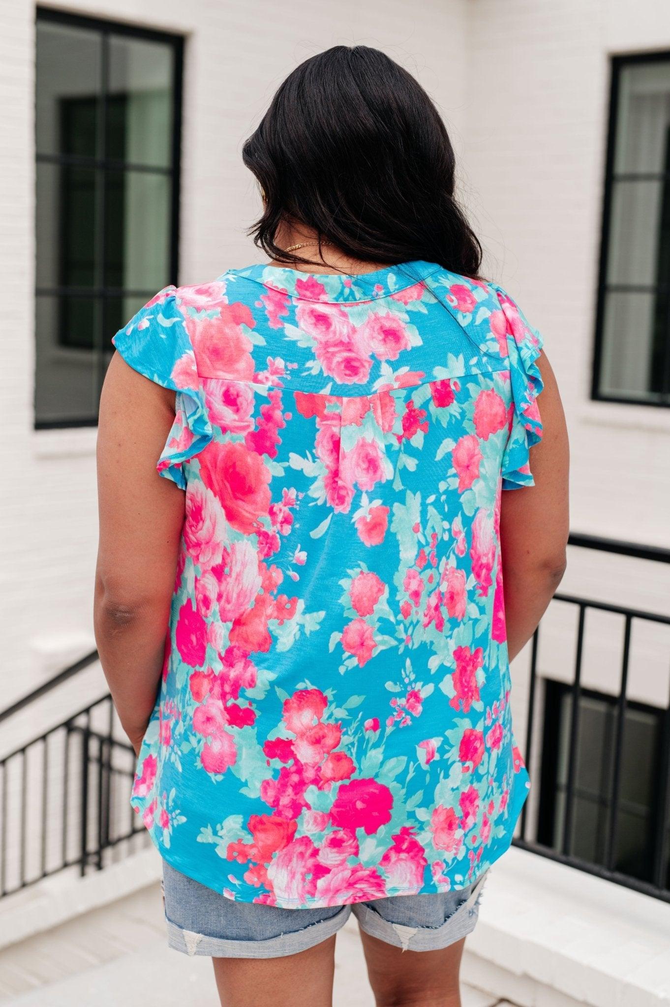 Lizzy Flutter Sleeve Top in Blue and Pink Roses - AS8544-01 - Love it Curvy