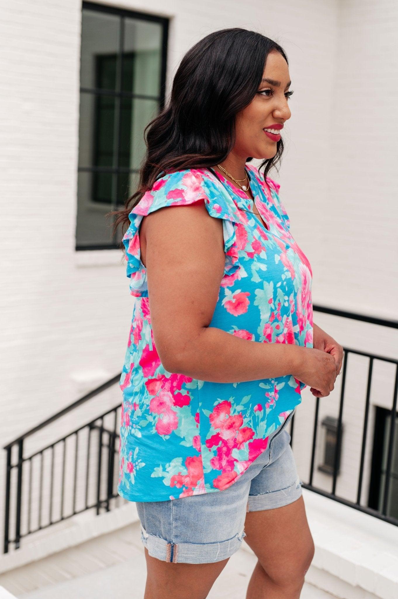 Lizzy Flutter Sleeve Top in Blue and Pink Roses - AS8544-01 - Love it Curvy