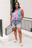 Lizzy Flutter Sleeve Top in Blue and Pink Roses - AS8544-01 - Love it Curvy