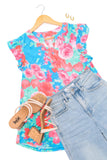 Lizzy Flutter Sleeve Top in Blue and Pink Roses - AS8544-01 - Love it Curvy