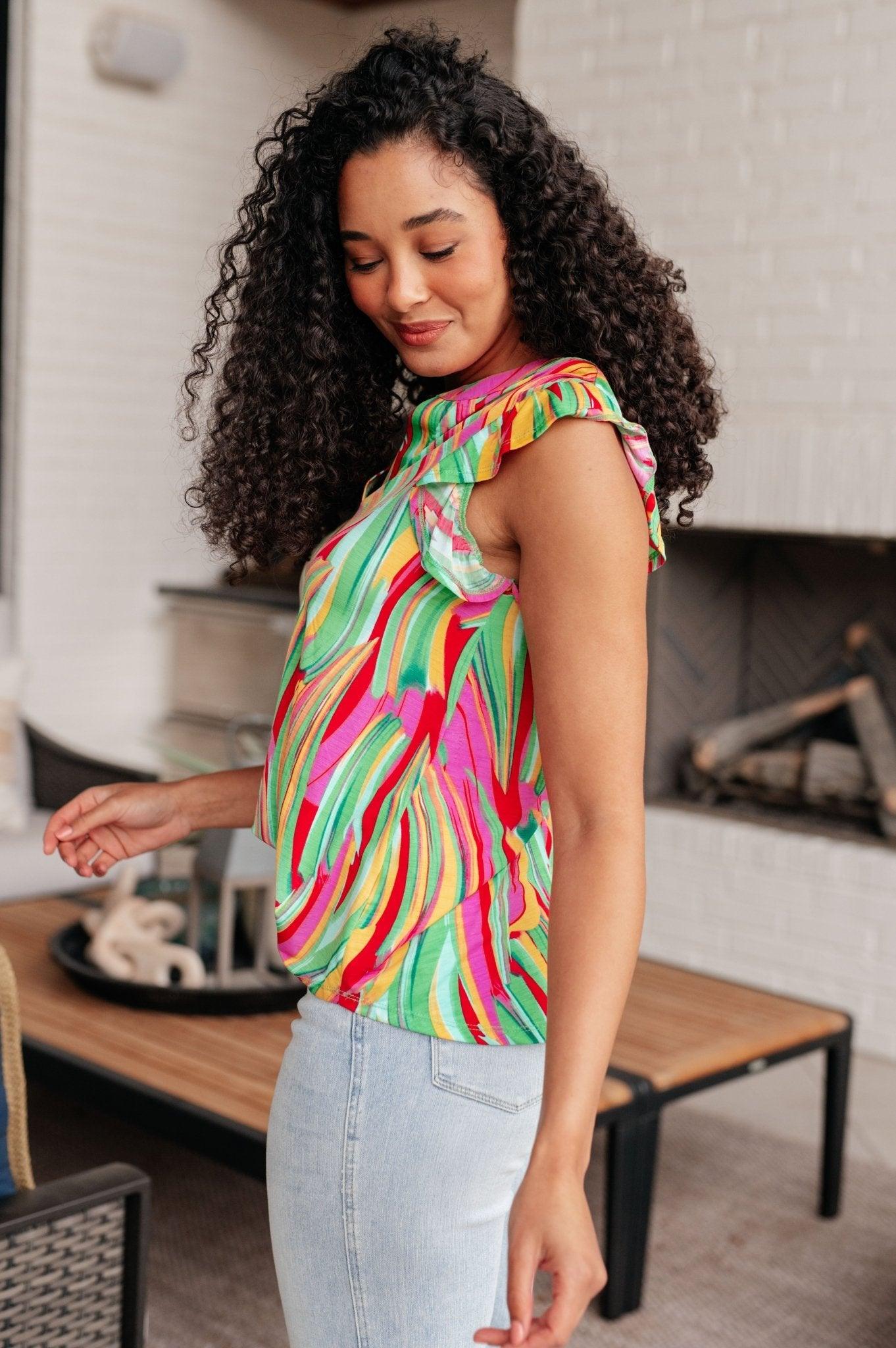 Lizzy Flutter Sleeve Top in Green Multi Abstract Stripe - AS8547-01 - Love it Curvy