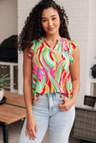 Lizzy Flutter Sleeve Top in Green Multi Abstract Stripe - AS8547-01 - Love it Curvy