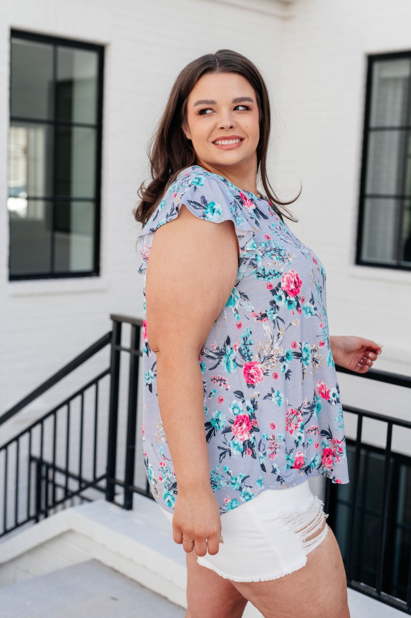 Lizzy Flutter Sleeve Top in Grey and Mint Floral - AS8548-01 - Love it Curvy