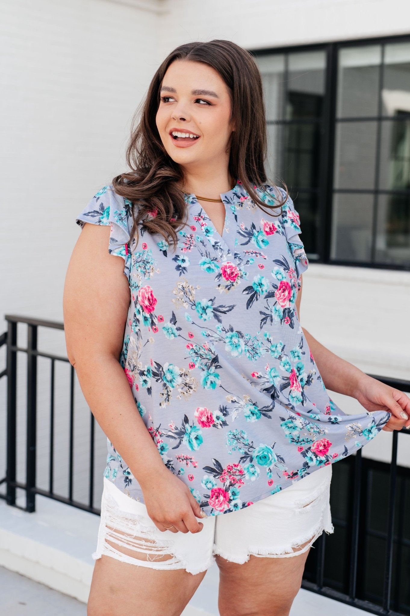 Lizzy Flutter Sleeve Top in Grey and Mint Floral - AS8548-01 - Love it Curvy