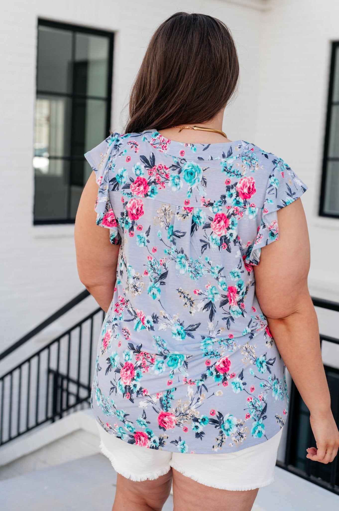 Lizzy Flutter Sleeve Top in Grey and Mint Floral - AS8548-01 - Love it Curvy