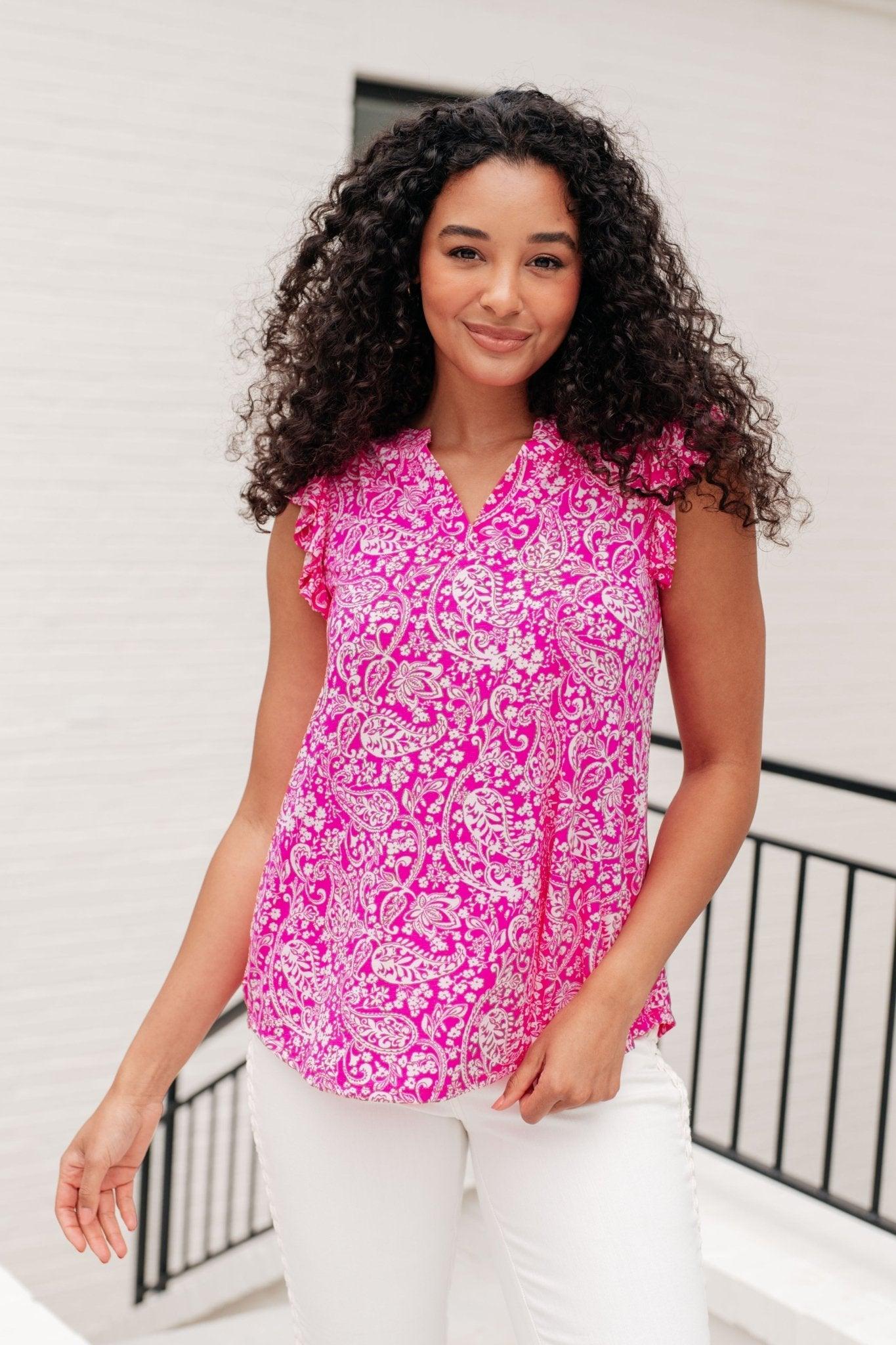 Lizzy Flutter Sleeve Top in Hot Pink and White Floral - AS8549-01 - Love it Curvy