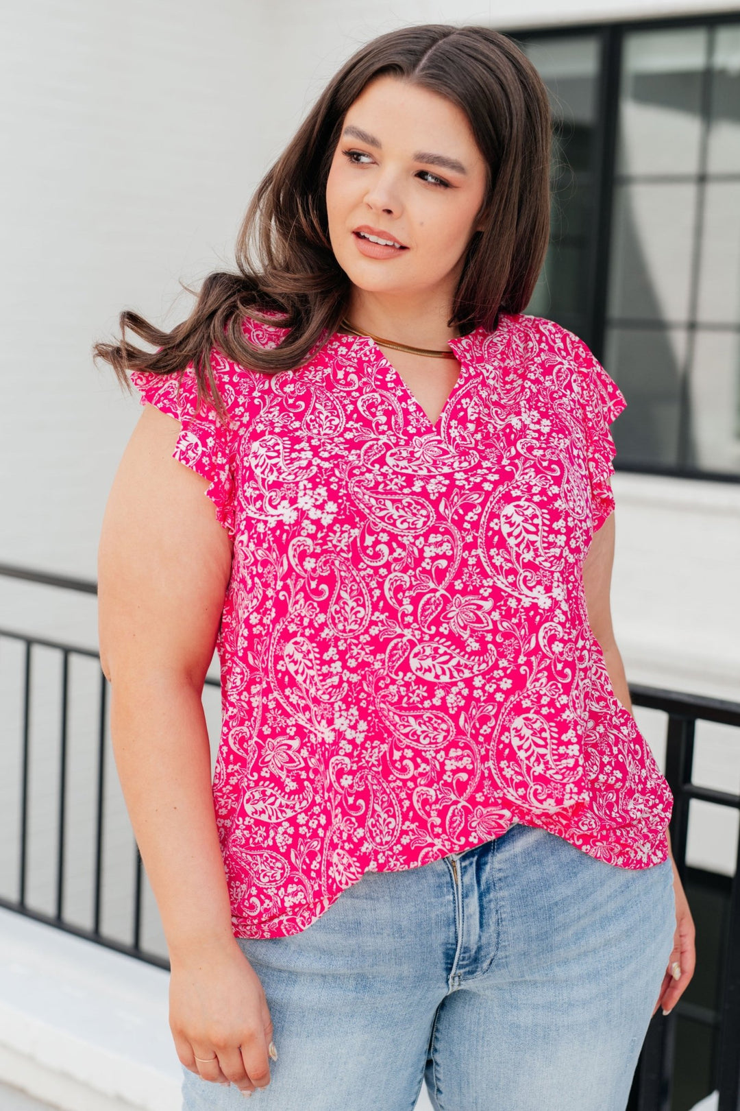 Lizzy Flutter Sleeve Top in Hot Pink and White Floral - AS8549-01 - Love it Curvy