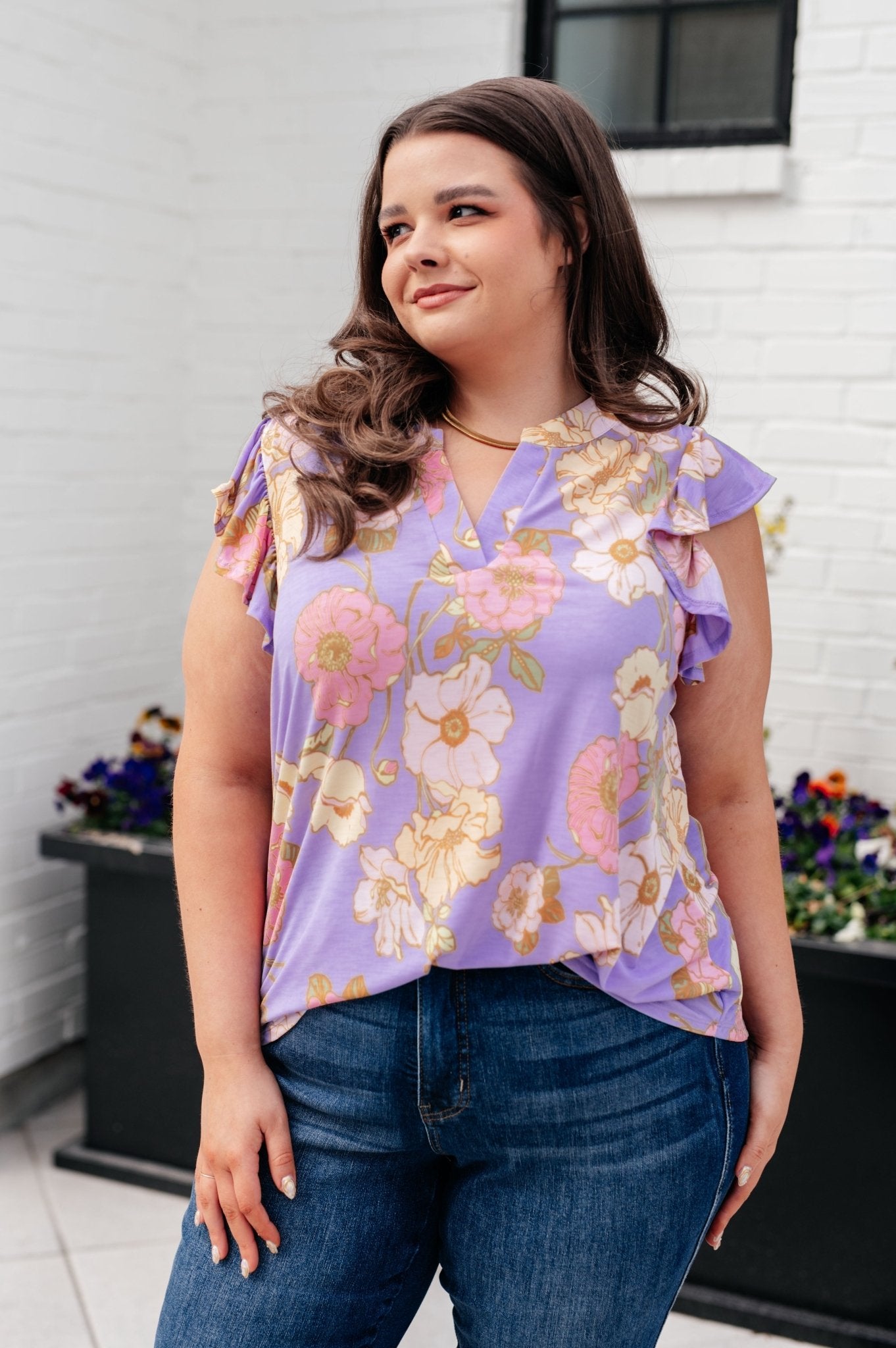 Lizzy Flutter Sleeve Top in Lavender French Floral - AS8550-01 - Love it Curvy