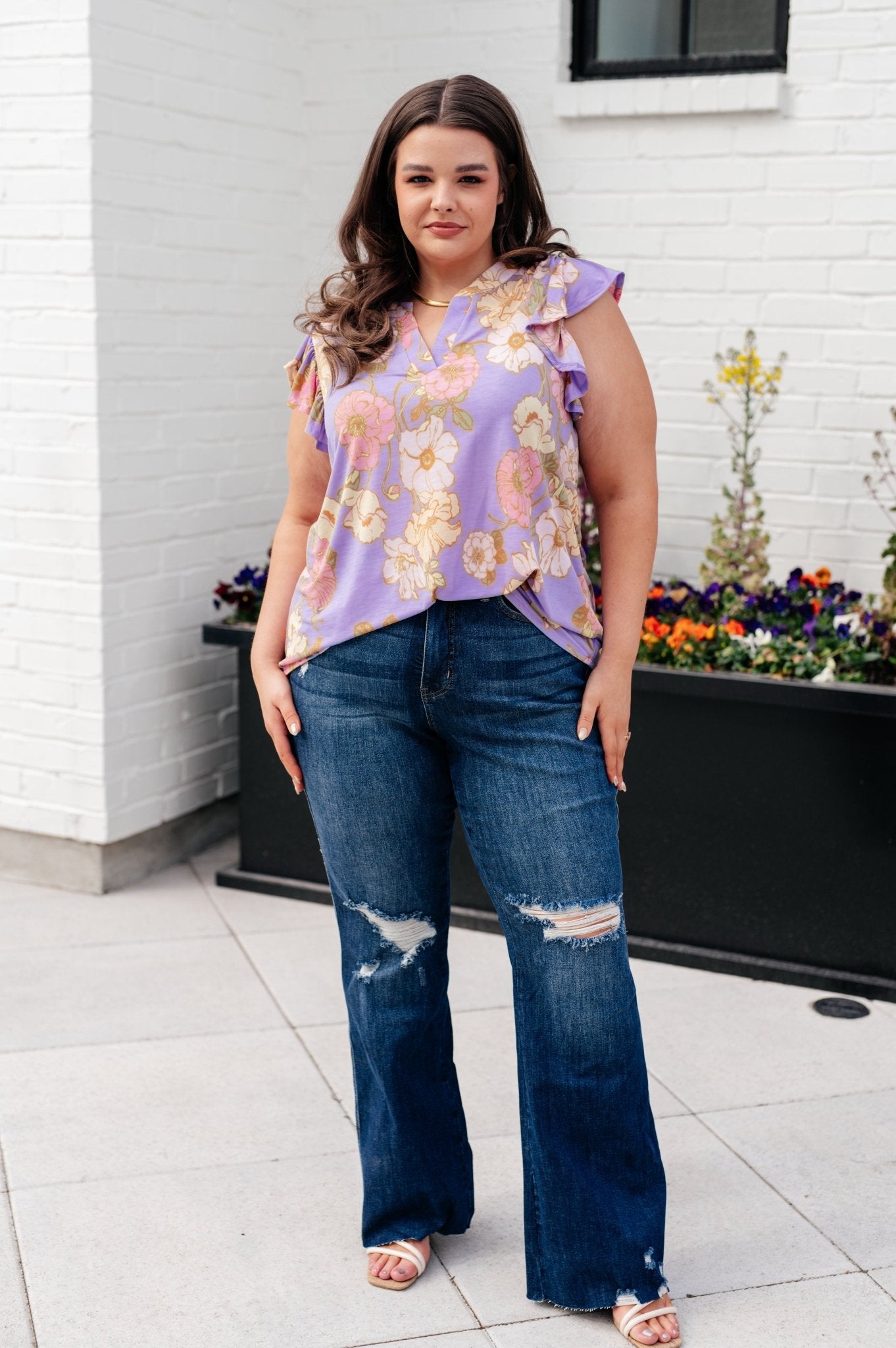 Lizzy Flutter Sleeve Top in Lavender French Floral - AS8550-01 - Love it Curvy