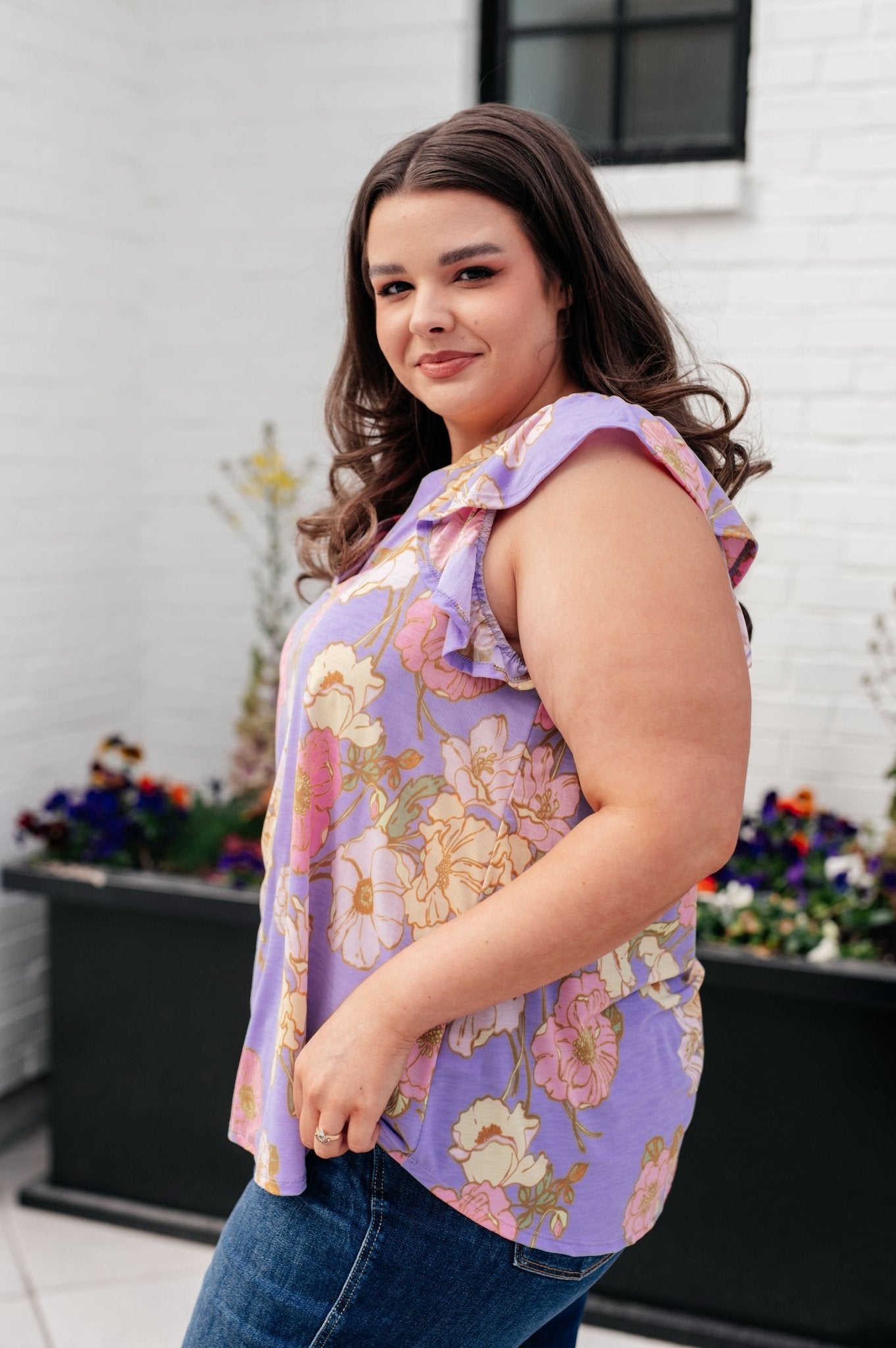 Lizzy Flutter Sleeve Top in Lavender French Floral - AS8550-01 - Love it Curvy