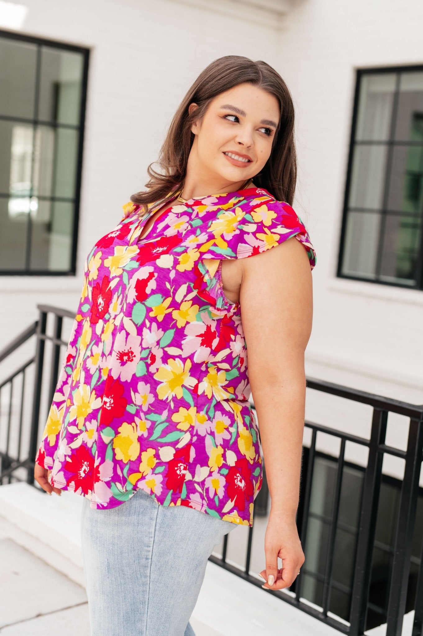 Lizzy Flutter Sleeve Top in Magenta and Yellow Floral - AS8552-01 - Love it Curvy