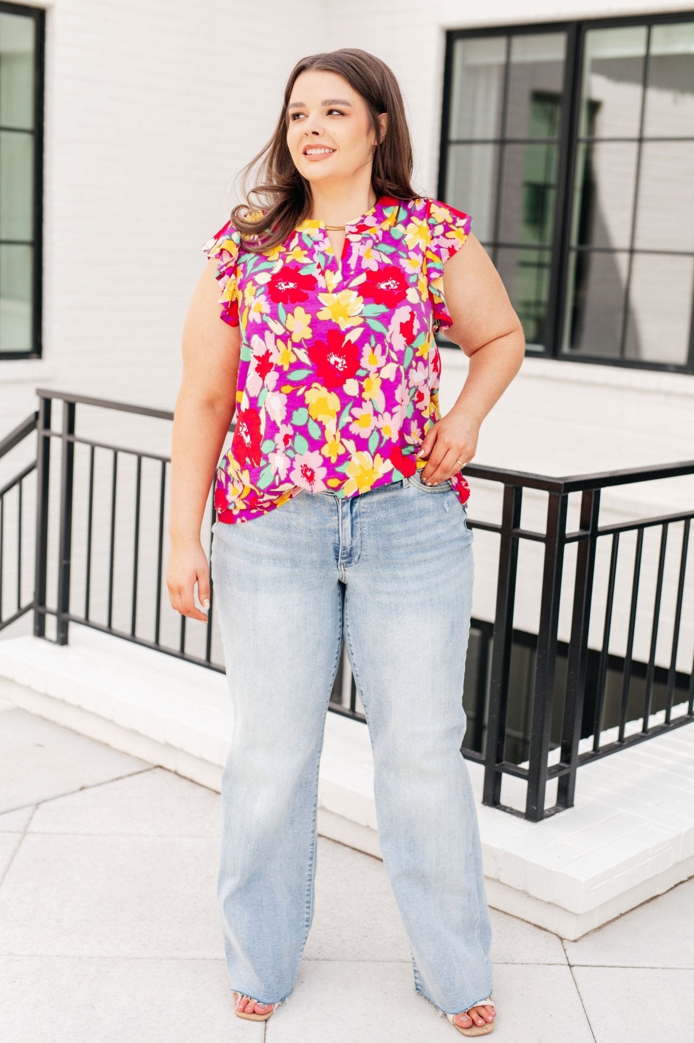 Lizzy Flutter Sleeve Top in Magenta and Yellow Floral - AS8552-01 - Love it Curvy