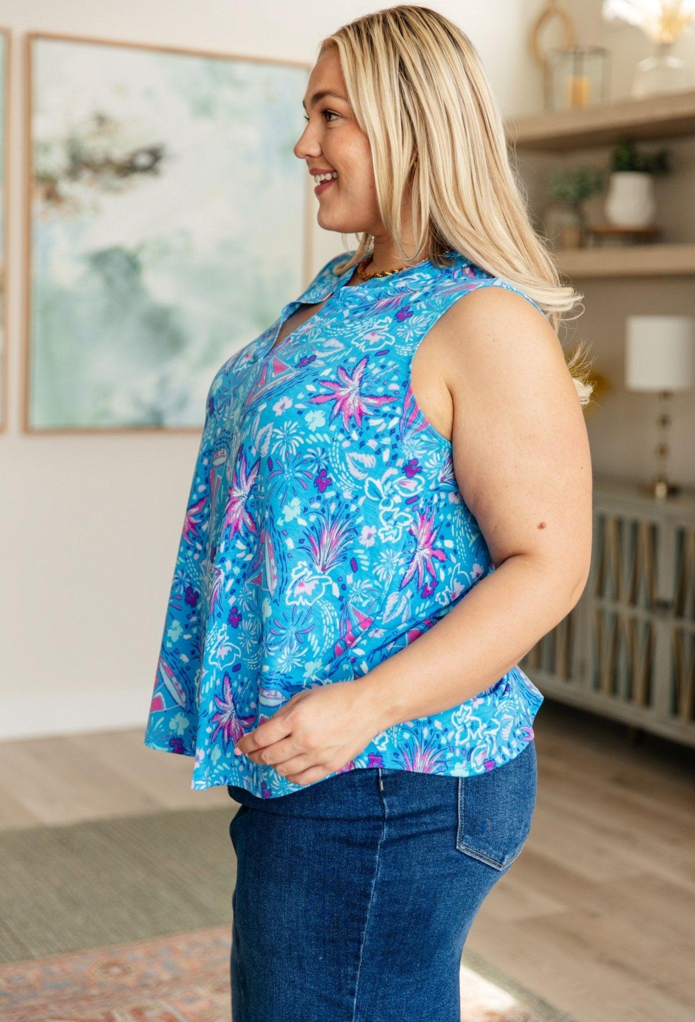 Lizzy Tank Top in Blue and Pink Tropical Sailing - AS8460-01 - Love it Curvy