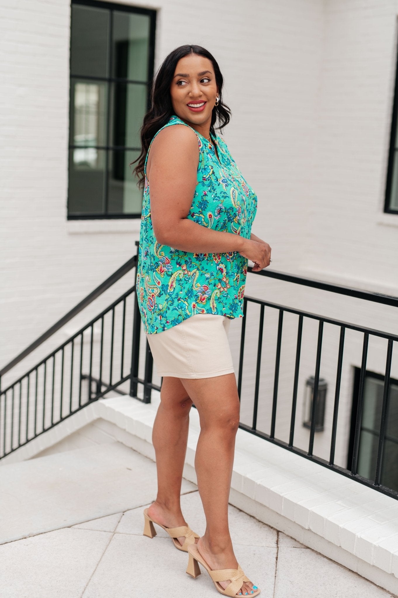 Lizzy Tank Top in Emerald and Aqua Multi Floral - AS8545-01 - Love it Curvy