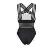 Black swimsuit with white stripes on a white background