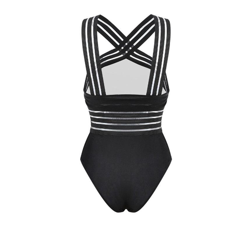 Black swimsuit with white stripes on a white background