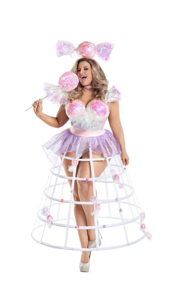 A woman modeling a whimsical pastel pink and lavender candy-themed costume with oversized lollipop headpiece, sequined bust details, a short tulle skirt, and a white cage-like skirt structure, photographed on a plain white background.