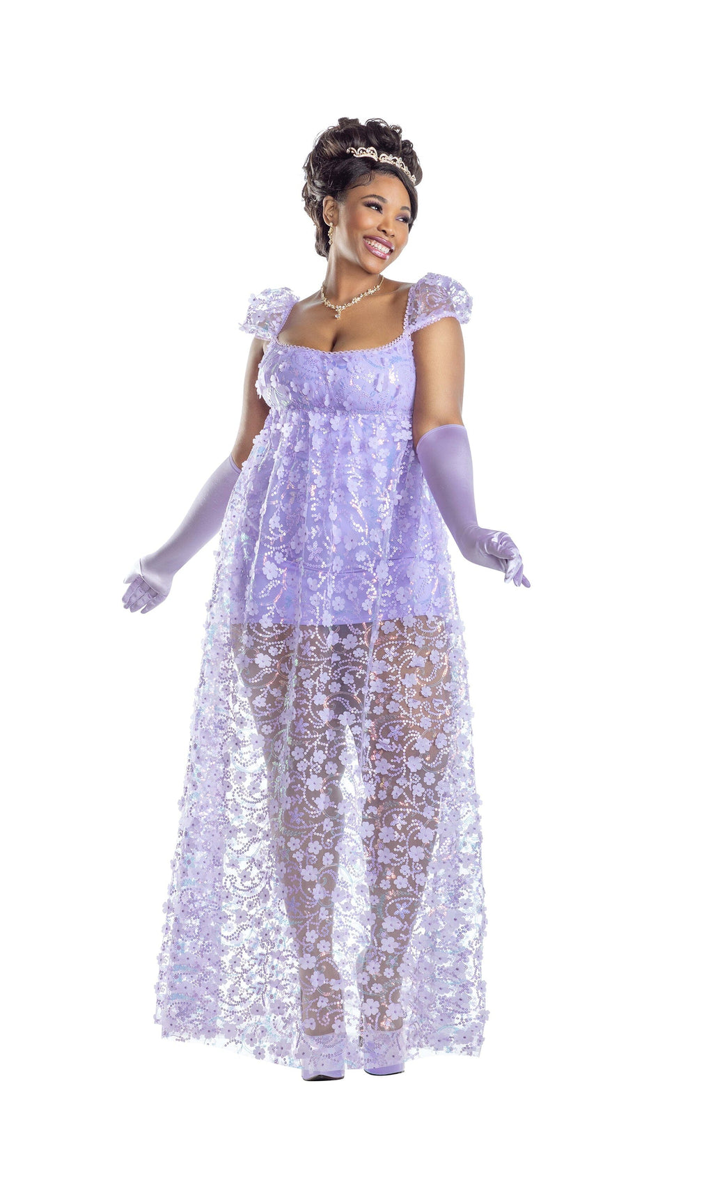 Woman wearing a purple lace dress with gloves on a white background