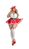 A woman modeling a red and white polka dot costume dress with a matching red hat, white stockings, and red heels against a plain white background.