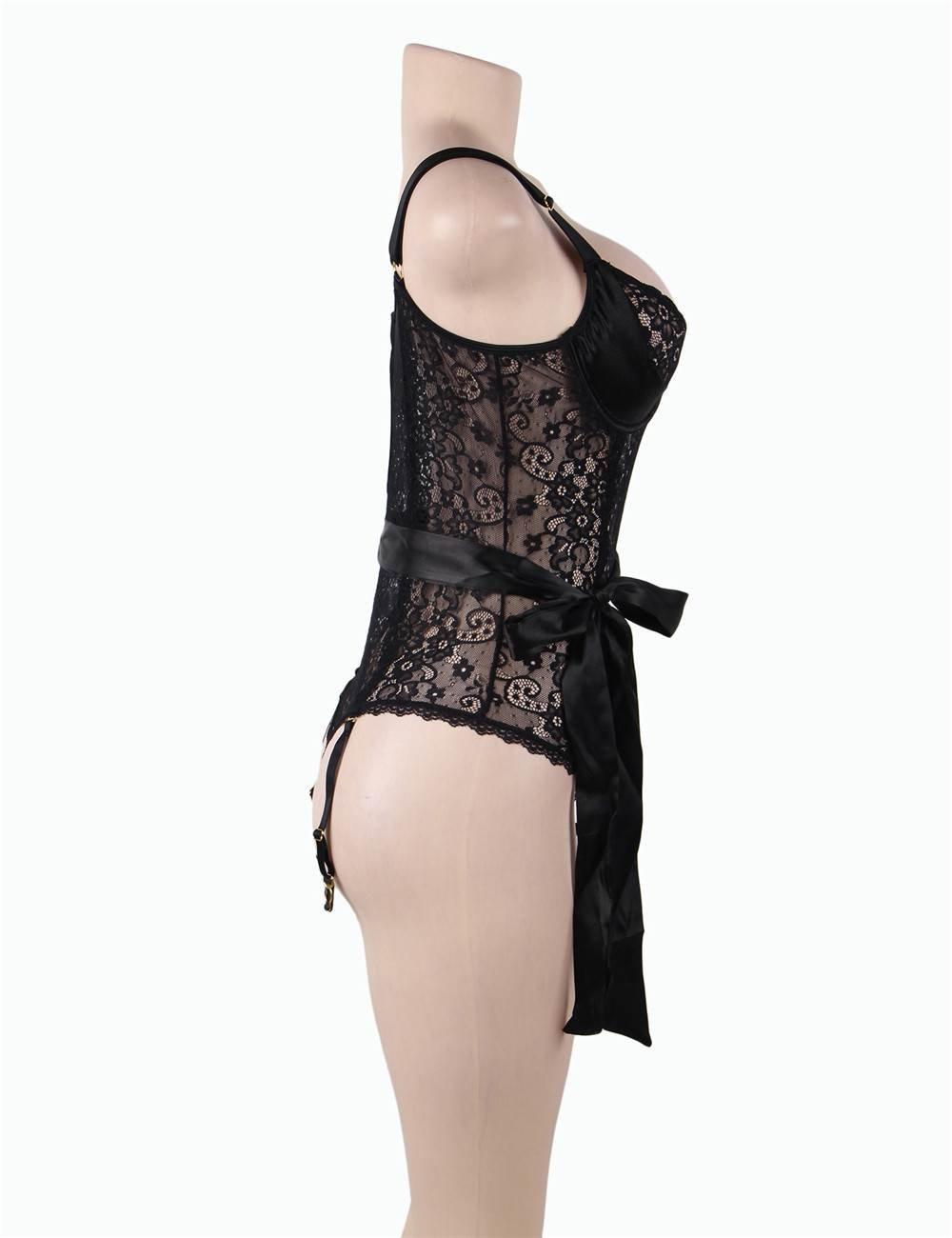 Plus Size Black Elegant Lace Garter Bodysuit with Silk Belt - R80623-1P-1 - Love it Curvy