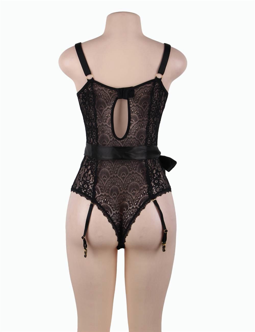 Plus Size Black Elegant Lace Garter Bodysuit with Silk Belt - R80623-1P-1 - Love it Curvy