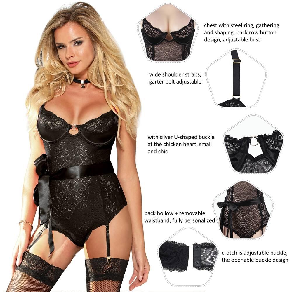 Plus Size Black Elegant Lace Garter Bodysuit with Silk Belt - R80623-1P-1 - Love it Curvy