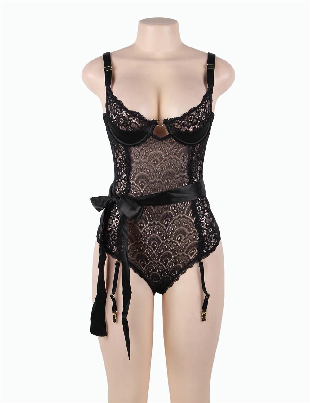 Plus Size Black Elegant Lace Garter Bodysuit with Silk Belt - R80623-1P-1 - Love it Curvy