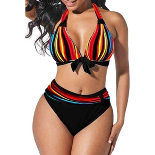 Love It Curvy Plus Size Neon Stripe High Waist Push-Up Bikini Set