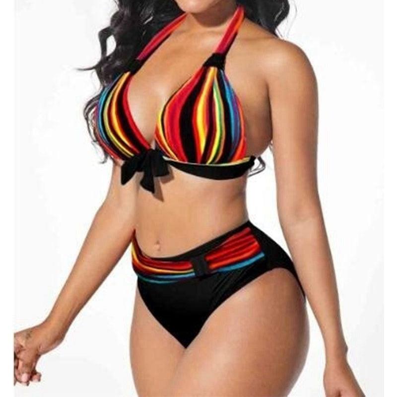 Curve Radiance High-Waist Neon Stripe Bikini Set