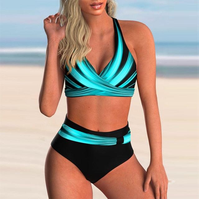 Curve Radiance High-Waist Neon Stripe Bikini Set