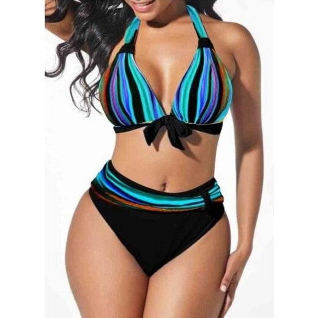 Curve Radiance High-Waist Neon Stripe Bikini Set