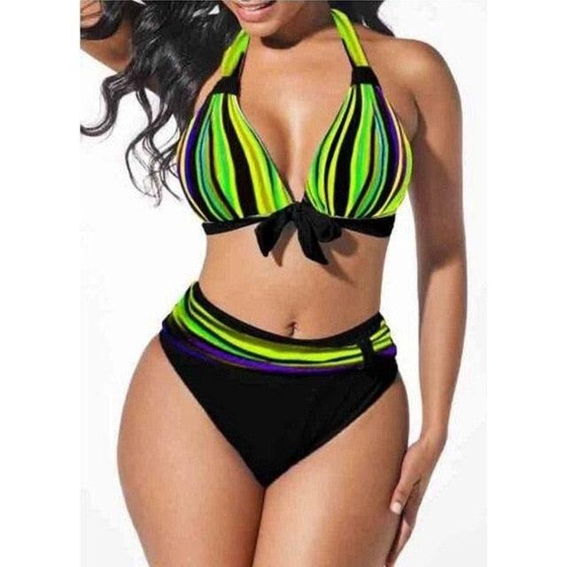 Curve Radiance High-Waist Neon Stripe Bikini Set