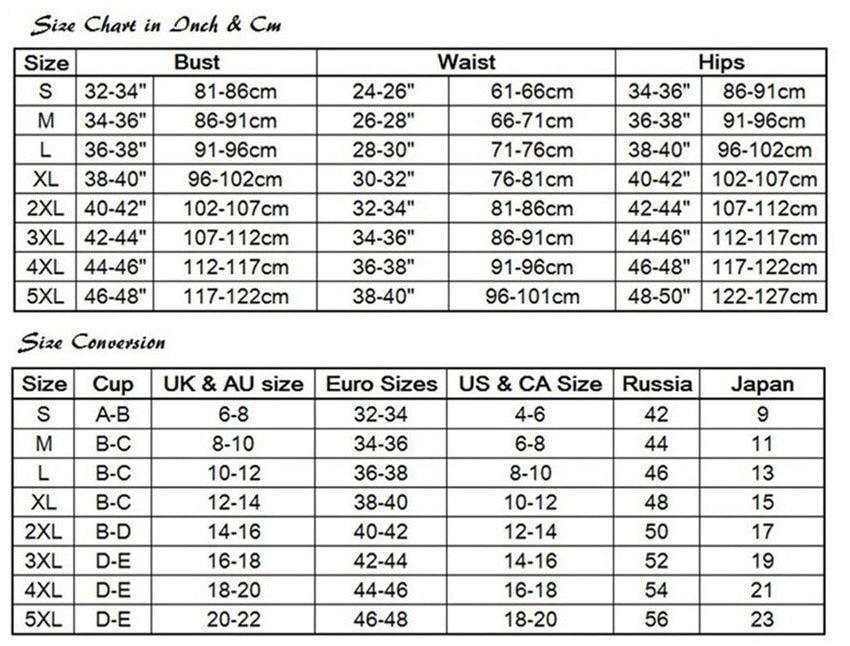 Size chart in inches and centimeters for clothing with conversion tables to other sizes.
