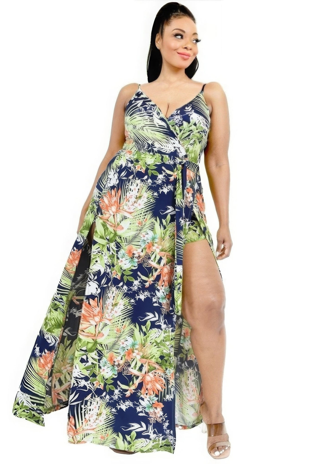 Plus Tropical Leaf Print Surplice Maxi Dress - 58533.1XL - Love it Curvy
