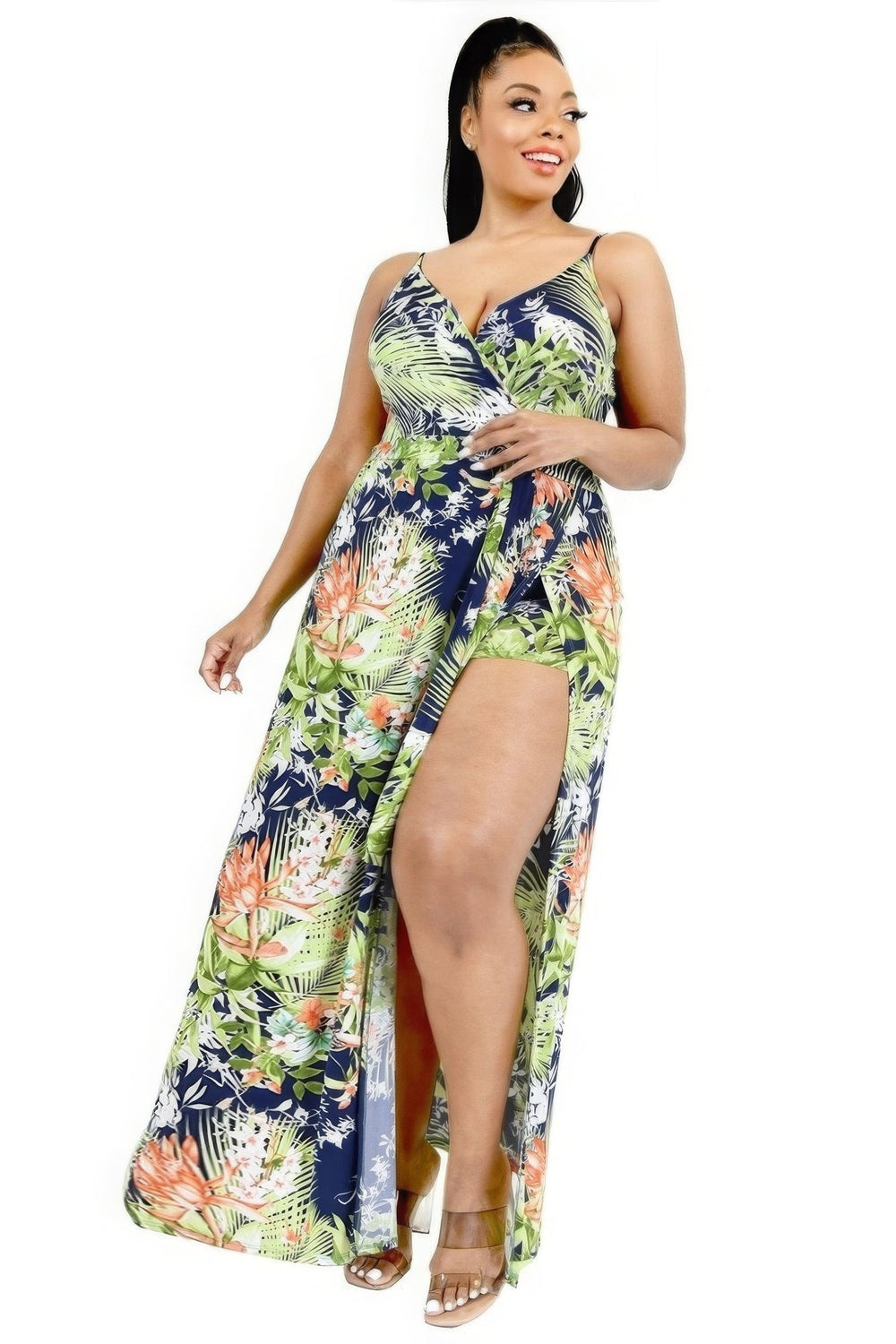 Plus Tropical Leaf Print Surplice Maxi Dress - 58533.1XL - Love it Curvy